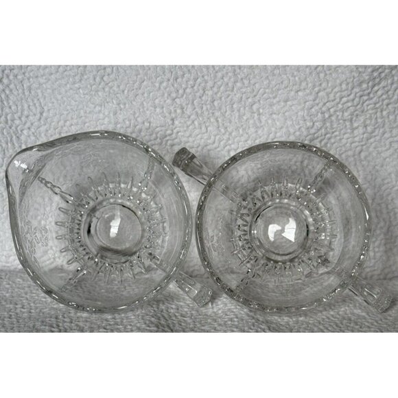 New Martinsville Glass Creamer Sugar Bowl Set Etched Flower Basket Wing Handles - Picture 12 of 13